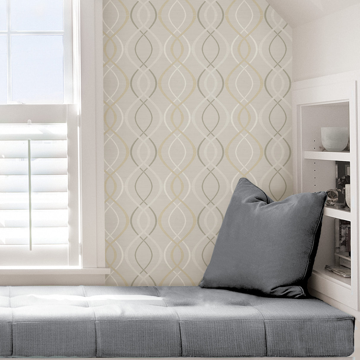 Relativity Neutral Cream and Gold Geometric Ogee by NuWallpaper Peel and Stick Wallpaper WallPops Collection - SLW3420