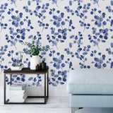Bliss Indigo Self Adhesive Peel and Stick Wallpaper by NuWallpaper Delicate Watercolor Eucalyptus Botanical Branch Design WallPops SLW3705