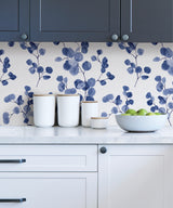 Bliss Indigo Self Adhesive Peel and Stick Wallpaper by NuWallpaper Delicate Watercolor Eucalyptus Botanical Branch Design WallPops SLW3705