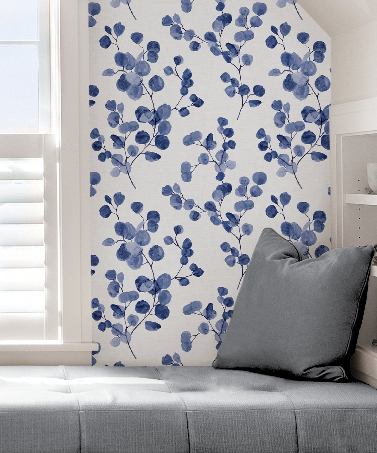 Bliss Indigo Self Adhesive Peel and Stick Wallpaper by NuWallpaper Delicate Watercolor Eucalyptus Botanical Branch Design WallPops SLW3705
