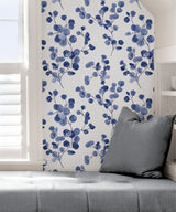 Bliss Indigo Self Adhesive Peel and Stick Wallpaper by NuWallpaper Delicate Watercolor Eucalyptus Botanical Branch Design WallPops SLW3705