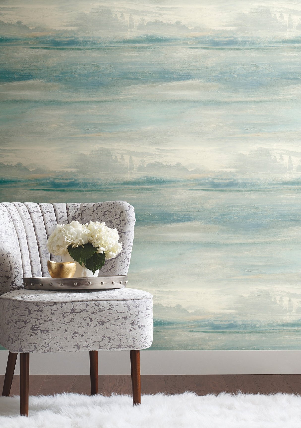 Soothing Mists Scenic Blue Wallpaper with Watercolor Landscape Motif - York SO2434