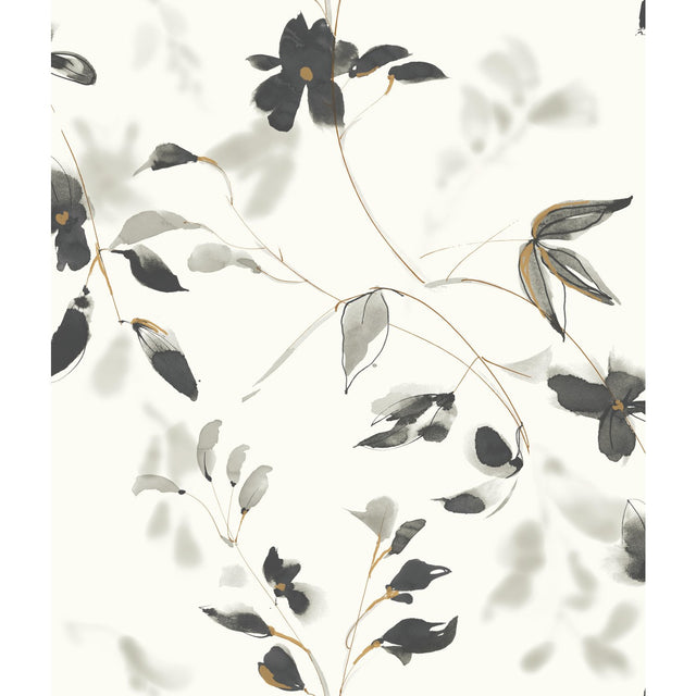 Linden Flower Black Wallpaper with Watercolor Floral Motif - York SO2442