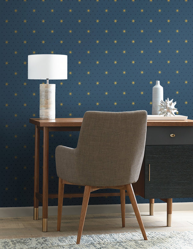 Stella Star Navy Metallic Wallpaper with Celestial Metallic Star Motif - York SP1498