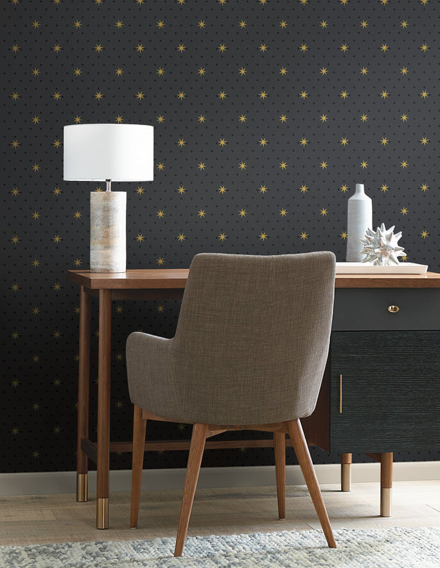 Stella Star Black Metallic Wallpaper with Celestial Star Motif - York SP1499