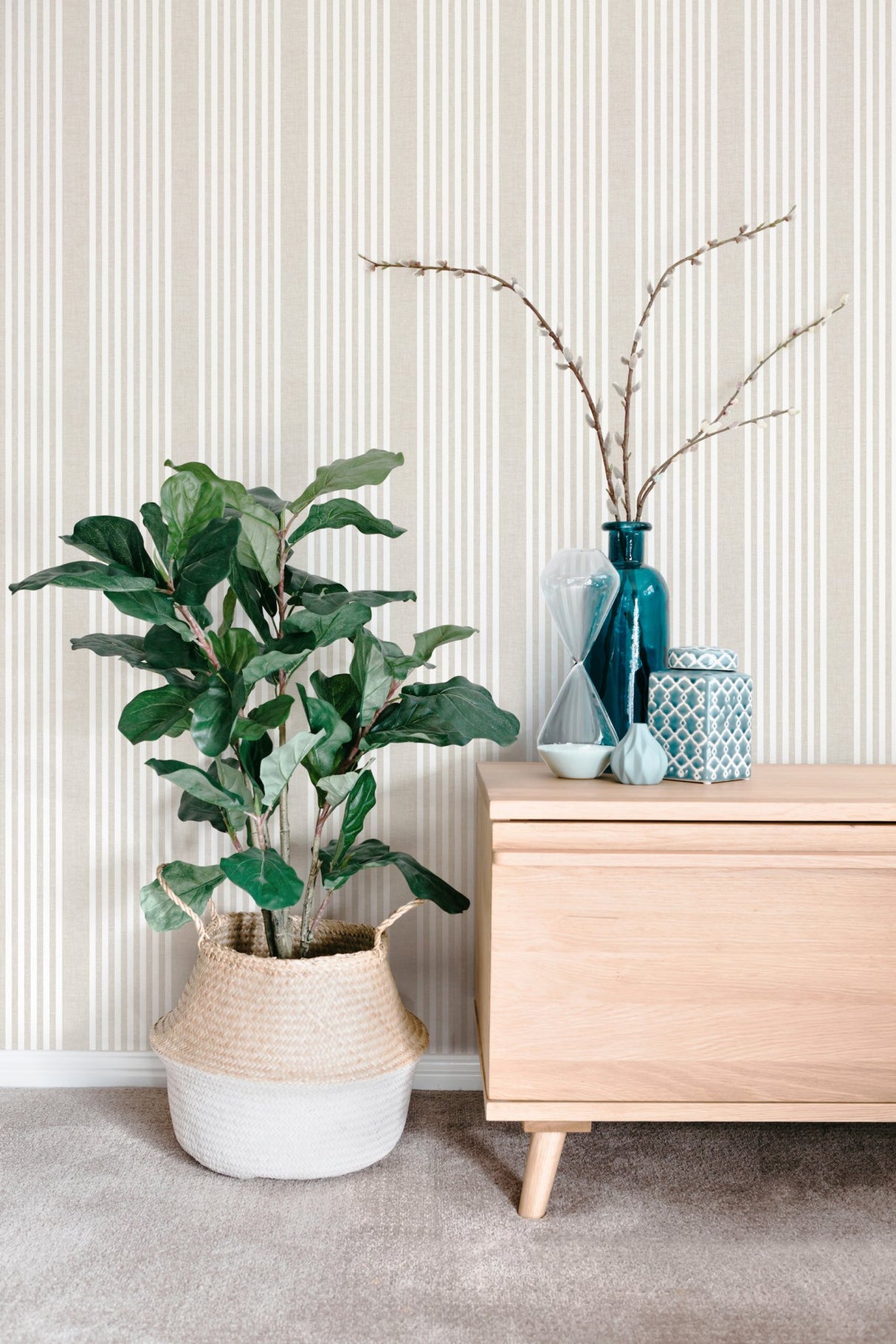 French Linen Stripe Soft Linen Wallpaper with Neutral Linen-Look Vertical Stripes - York SR1581