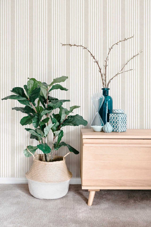 French Linen Stripe Soft Linen Wallpaper with Neutral Linen-Look Vertical Stripes - York SR1581