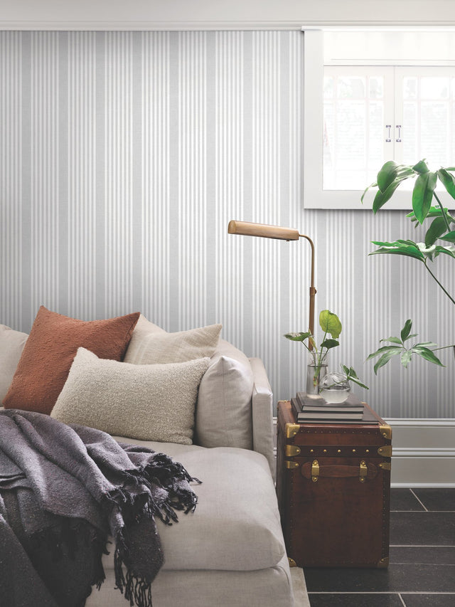 French Linen Stripe Arctic Grey Prepasted Wallpaper with Farmhouse Striped Pattern - York SR1582MH