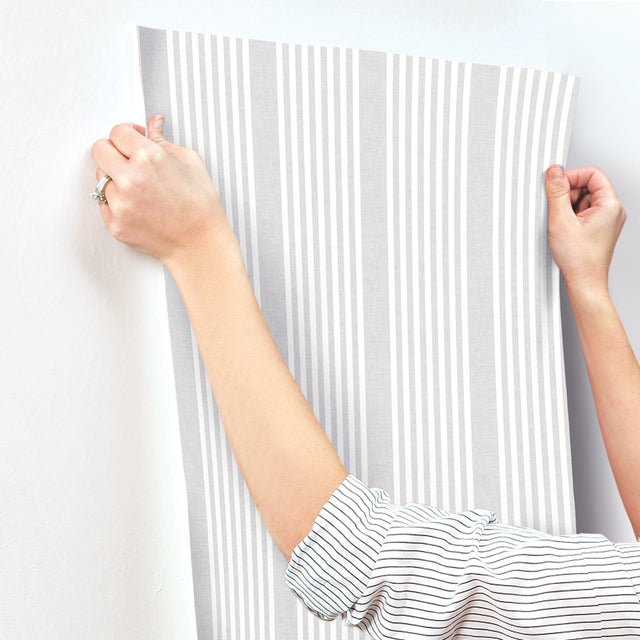 French Linen Stripe Arctic Grey Prepasted Wallpaper with Farmhouse Striped Pattern - York SR1582MH