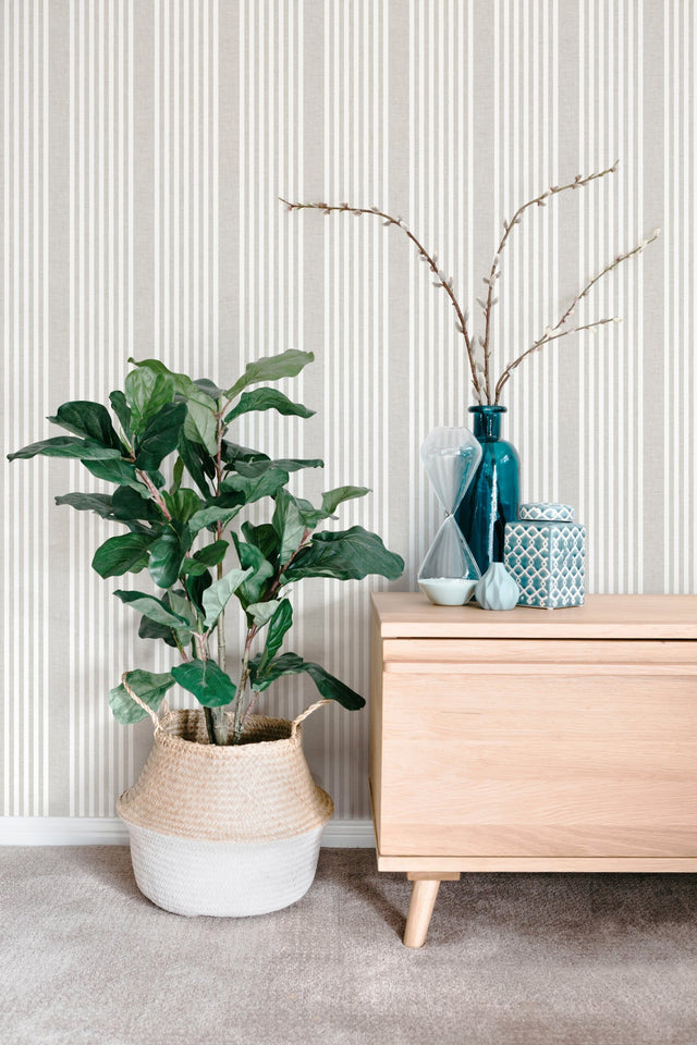 French Linen Stripe Grey Wallpaper with Classic Linen-Textured Vertical Stripe - York SR1582