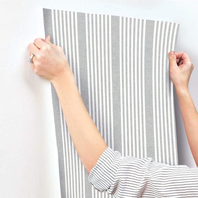 French Charcoal Linen Stripe Wallpaper in Charcoal with Farmhouse Stripes Pattern - York SR1586MH
