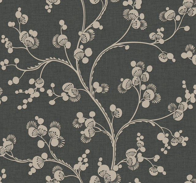 Dahlia Trail Black & Taupe Wallpaper with Botanical Sure Strip Design - York SS2502
