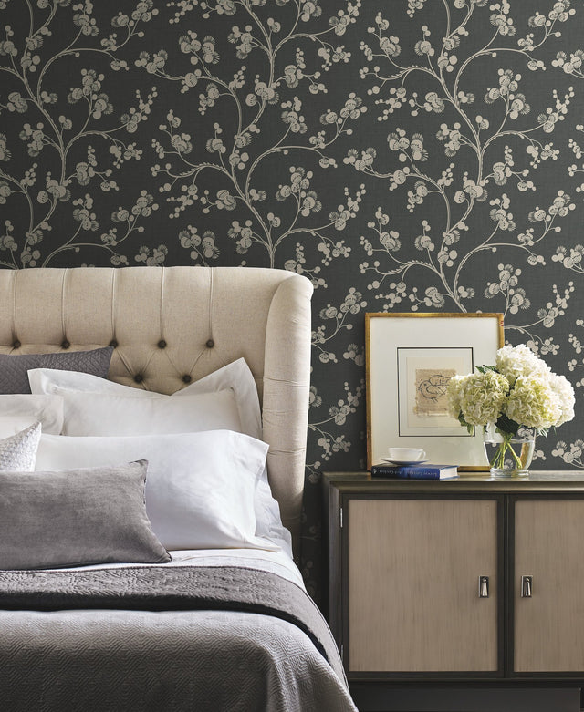 Dahlia Trail Black & Taupe Wallpaper with Botanical Sure Strip Design - York SS2502