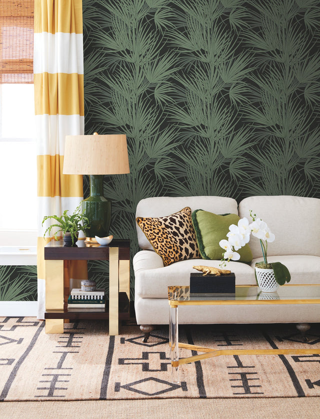 Palmetto Black & Green Wallpaper with Bohemian Tropical Palm Leaf Motif - York SS2542
