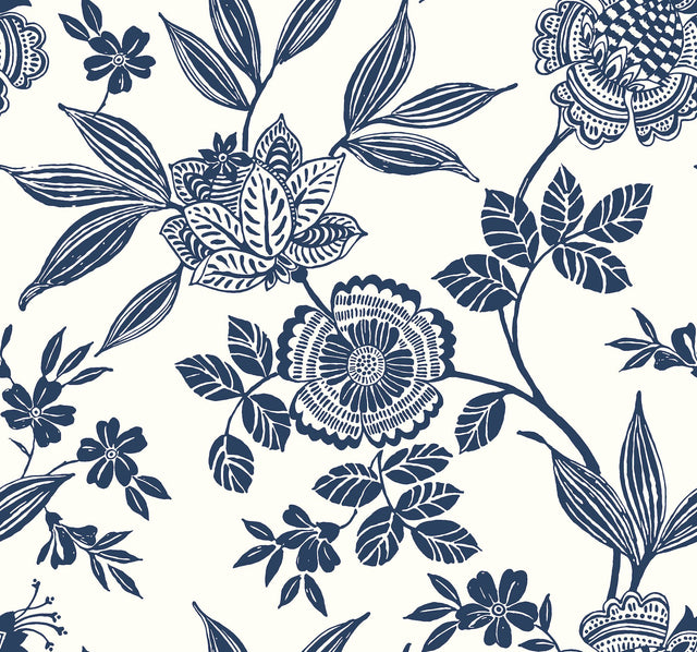 Wood Cut Jacobean Navy Wallpaper with Bohemian Floral Pattern - York SS2556