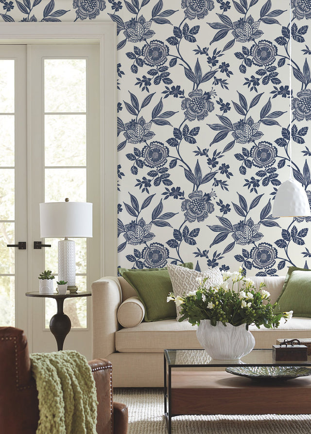 Wood Cut Jacobean Navy Wallpaper with Bohemian Floral Pattern - York SS2556