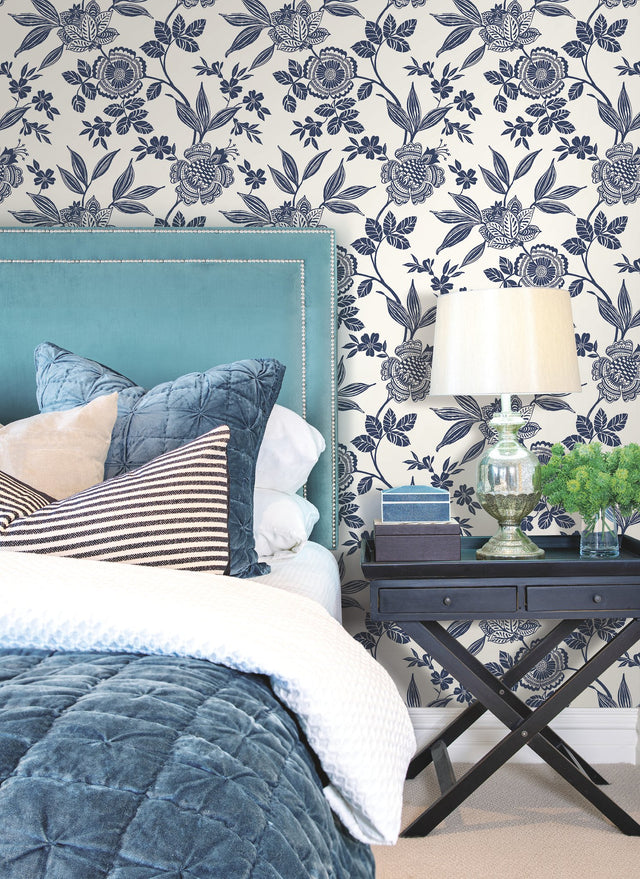 Wood Cut Jacobean Navy Wallpaper with Bohemian Floral Pattern - York SS2556