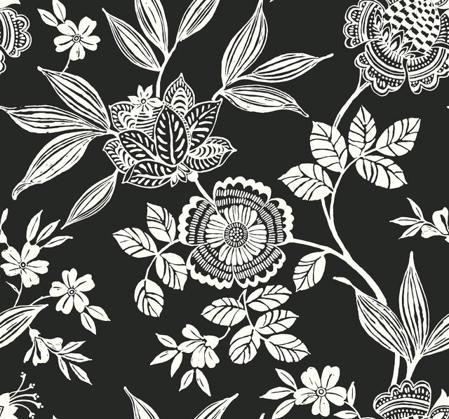 Wood Cut Jacobean Black & White Wallpaper