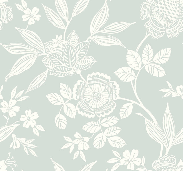 Wood Cut Jacobean Green Non Woven Wallpaper with Bohemian Floral - York SS2559