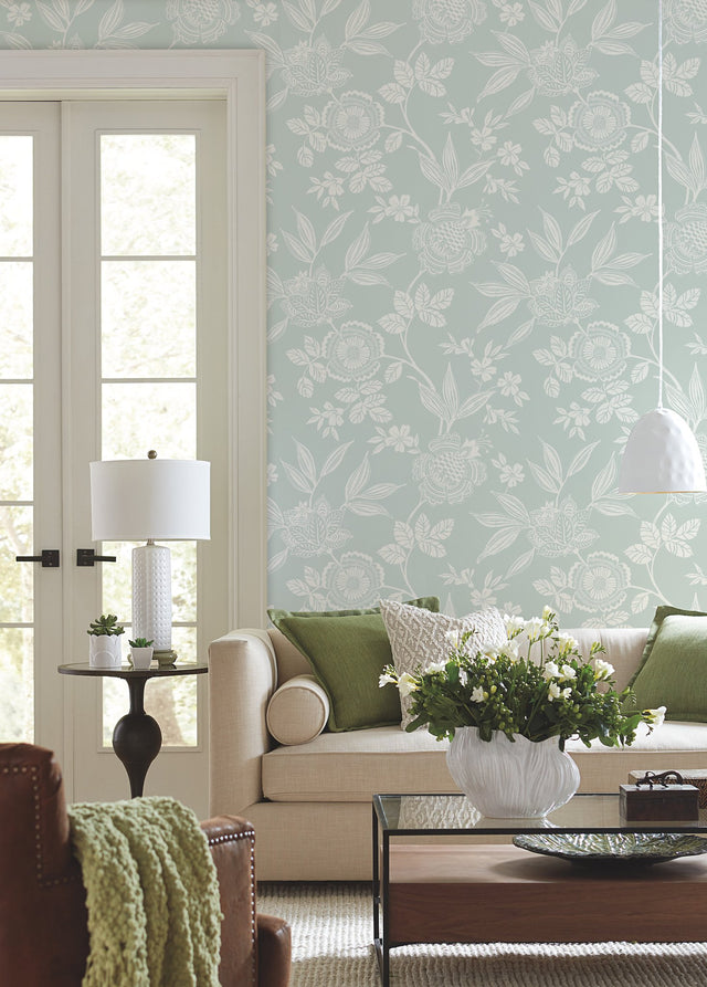Wood Cut Jacobean Green Non Woven Wallpaper with Bohemian Floral - York SS2559