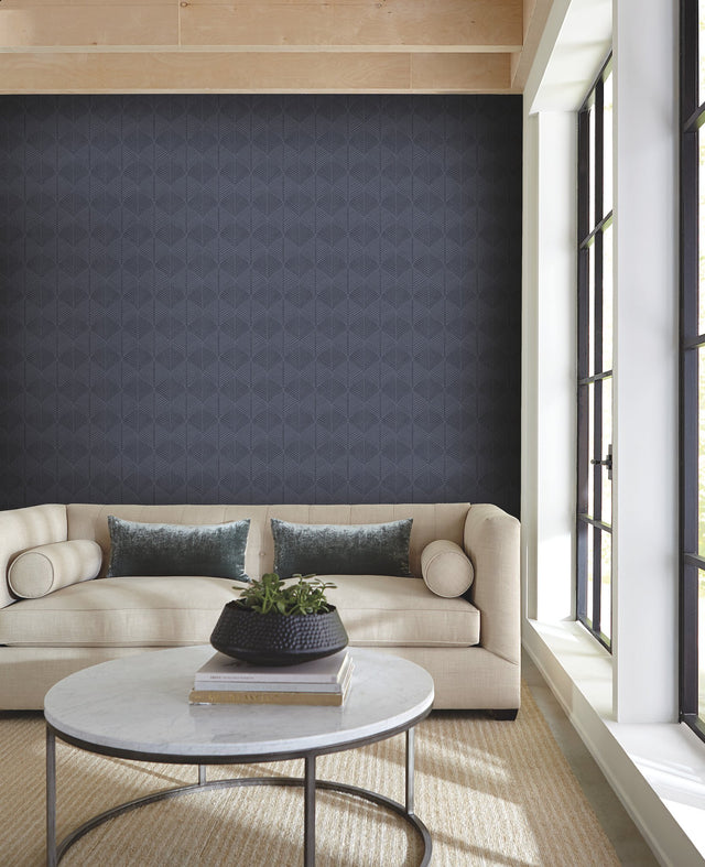 Palm Thatch Navy Wallpaper with Bohemian Chevron Leaf Motif - York SS2564