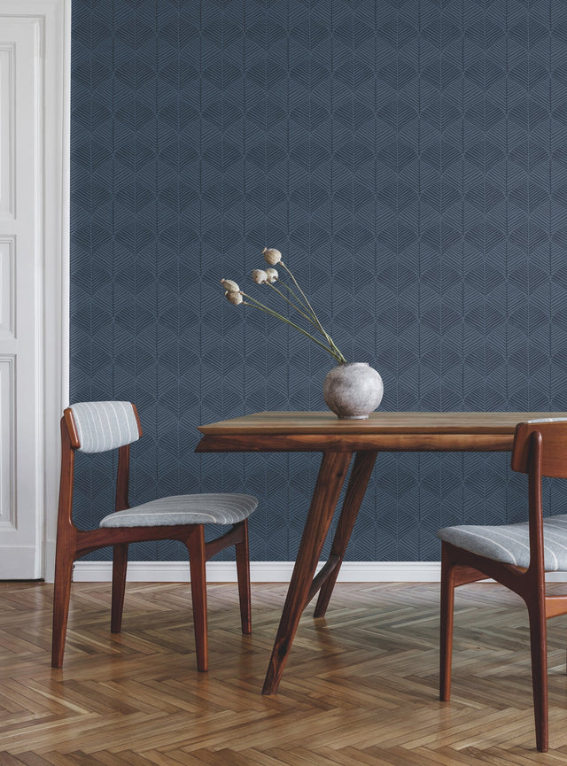 Palm Thatch Navy Wallpaper with Bohemian Chevron Leaf Motif - York SS2564