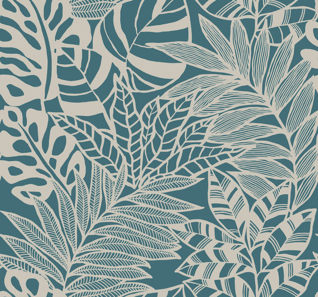 Jungle Leaves Teal Wallpaper with Bohemian Botanical Silhouette Style - York SS2572