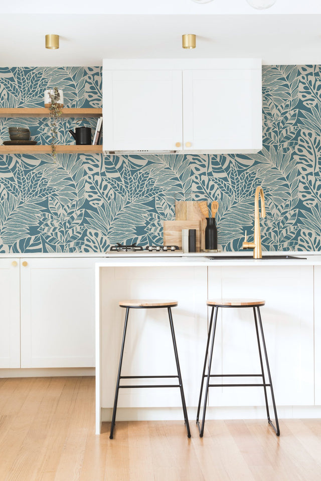 Jungle Leaves Teal Wallpaper with Bohemian Botanical Silhouette Style - York SS2572