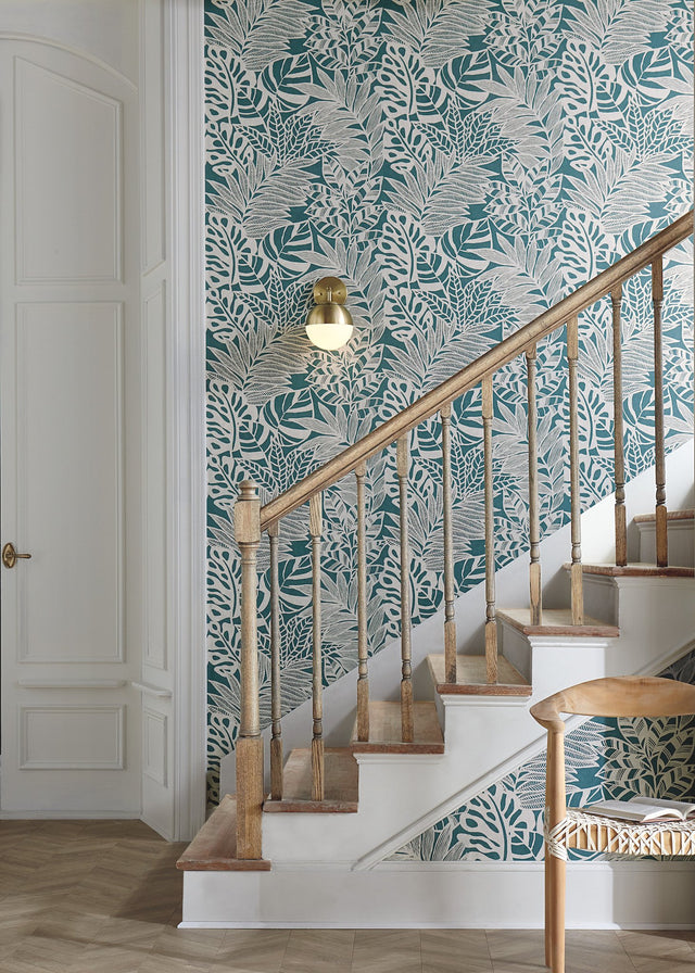 Jungle Leaves Teal Wallpaper with Bohemian Botanical Silhouette Style - York SS2572