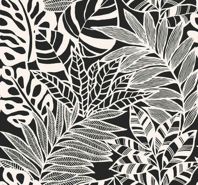 Jungle Leaves Black & White Wallpaper with Bohemian Silhouette Botanical Pattern - York SS2575