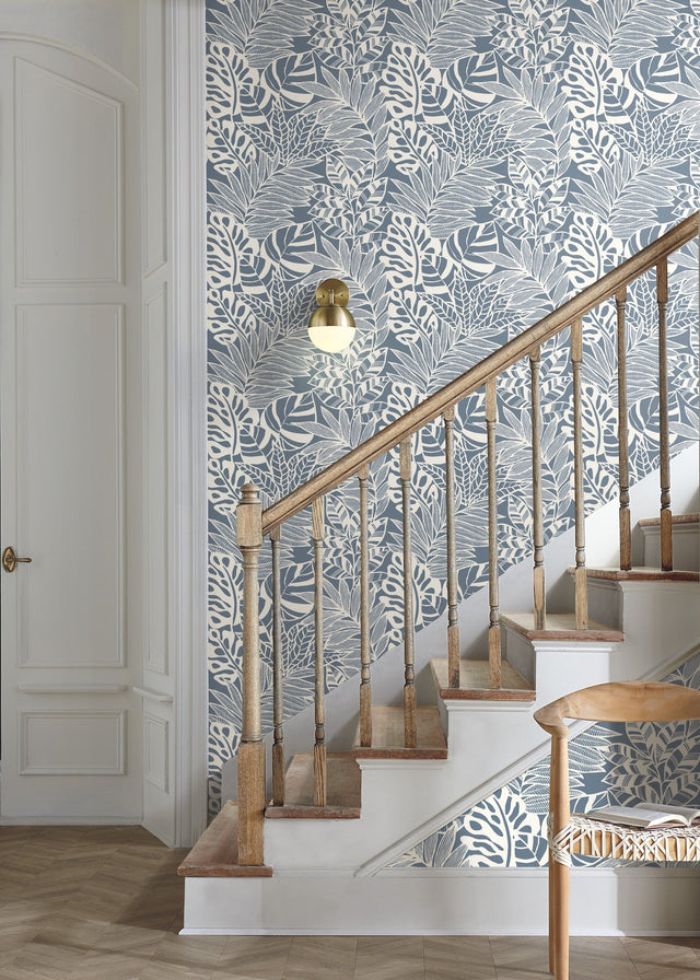 Jungle Leaves Blue Wallpaper with Bohemian Silhouettes Pattern - York SS2576
