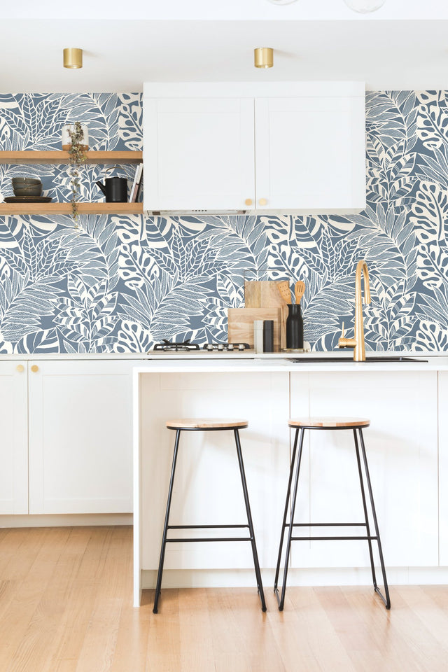 Jungle Leaves Blue Wallpaper with Bohemian Silhouettes Pattern - York SS2576
