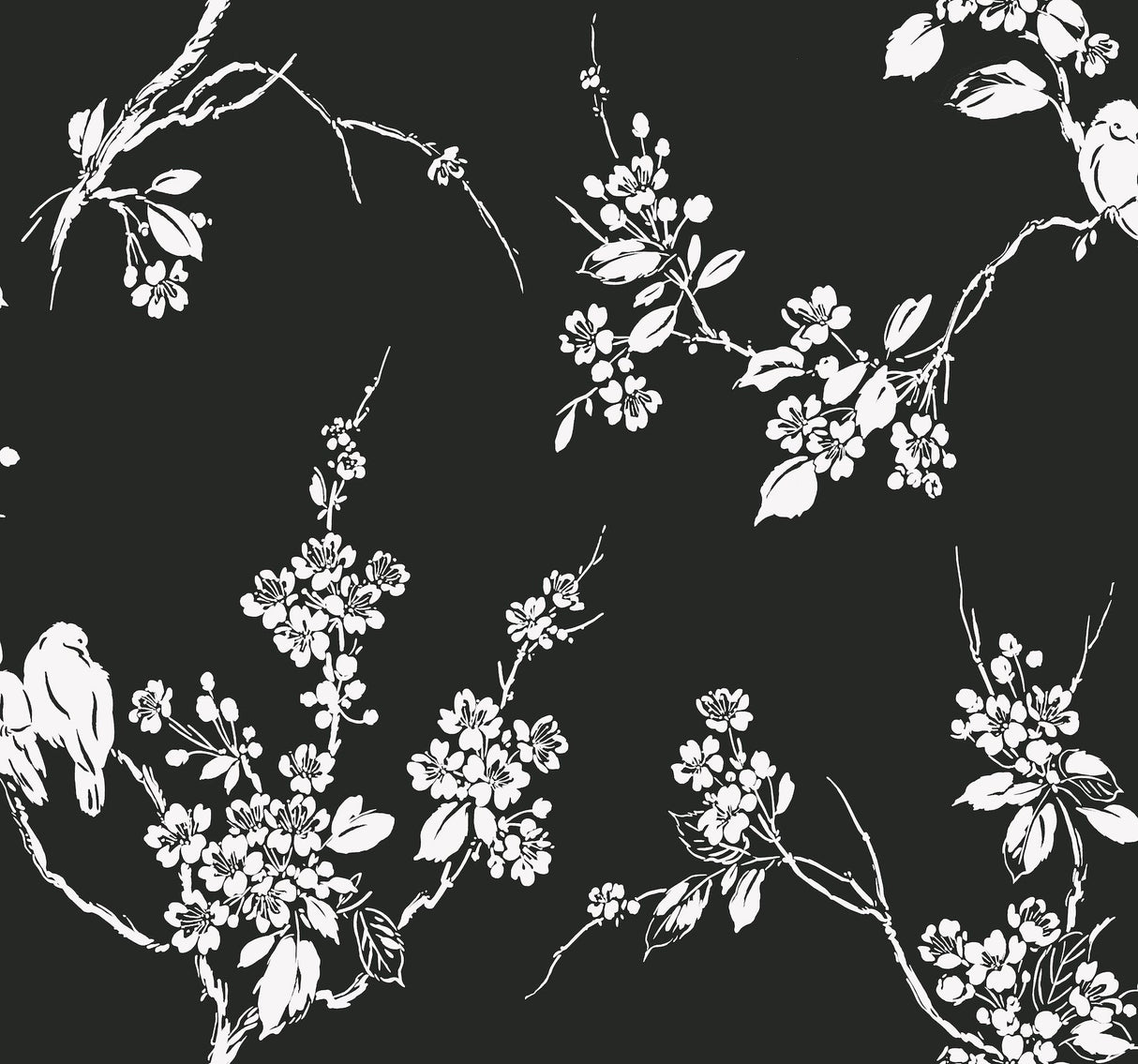 Imperial Blossoms Branch Black & White Wallpaper with Botanical Bird Motif - York SS2589