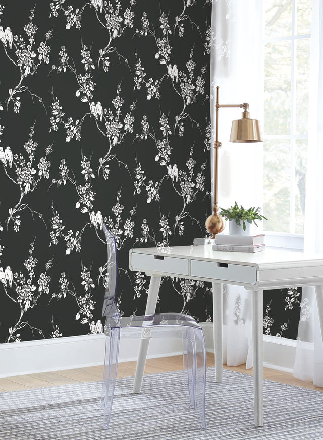 Imperial Blossoms Branch Black & White Wallpaper with Botanical Bird Motif - York SS2589