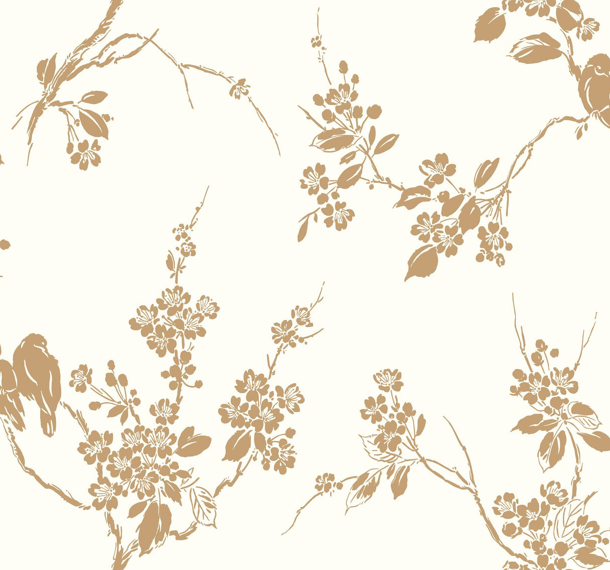 Imperial Blossoms Branch Gold Metallic Wallpaper with Metallic Floral Bird Motif - York SS2590