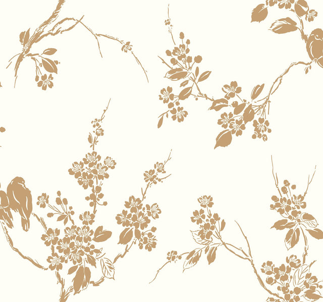 Imperial Blossoms Branch Gold Metallic Wallpaper with Metallic Floral Bird Motif - York SS2590