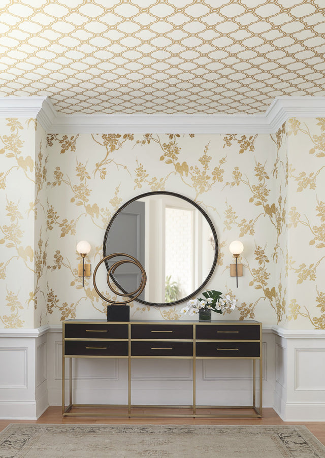 Imperial Blossoms Branch Gold Metallic Wallpaper with Metallic Floral Bird Motif - York SS2590