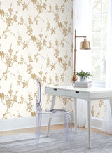 Imperial Blossoms Branch Gold Metallic Wallpaper with Metallic Floral Bird Motif - York SS2590
