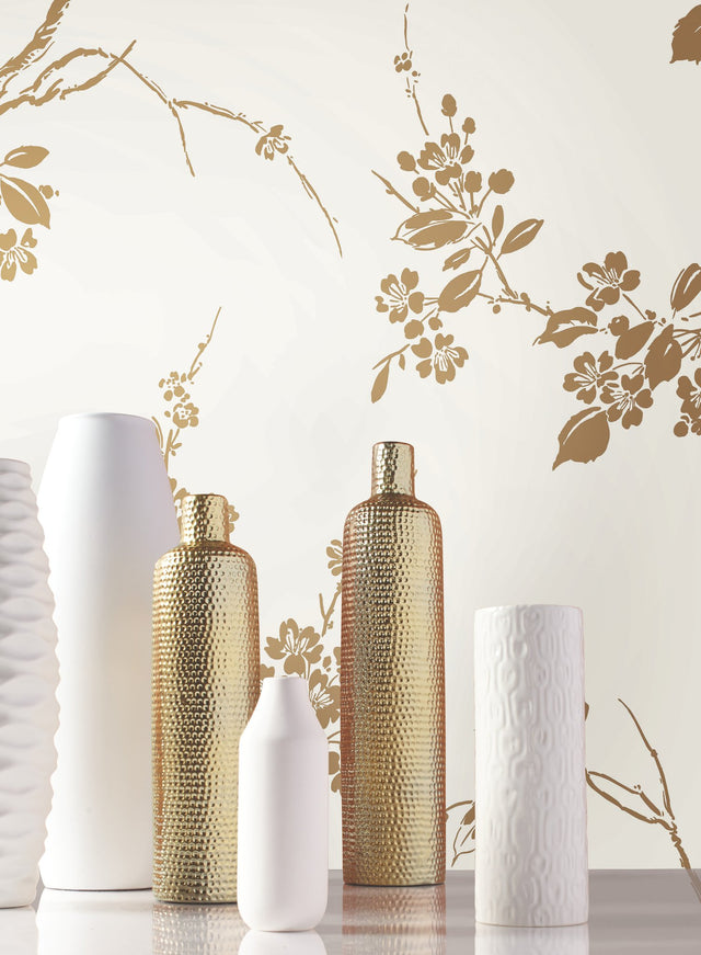 Imperial Blossoms Branch Gold Metallic Wallpaper with Metallic Floral Bird Motif - York SS2590
