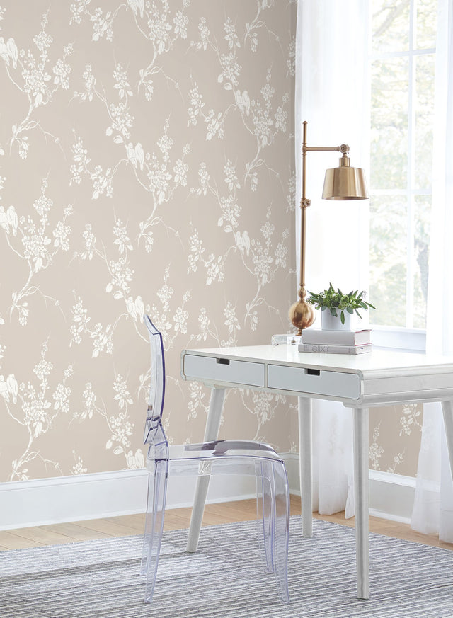 Imperial Blossoms Branch Taupe Wallpaper with Botanical Bird and Blossom Motif - York SS2591