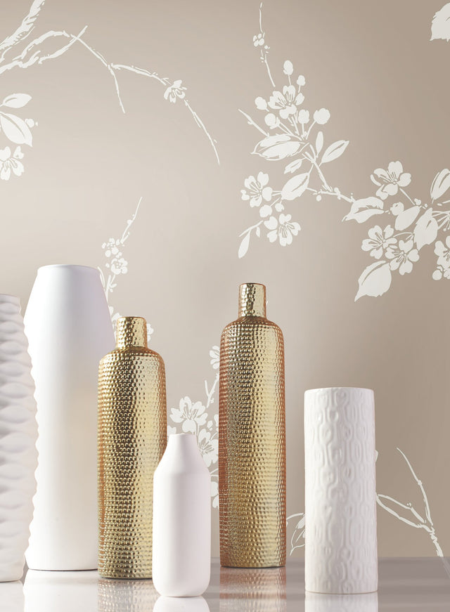 Imperial Blossoms Branch Taupe Wallpaper with Botanical Bird and Blossom Motif - York SS2591