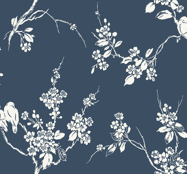 Imperial Blossoms Branch Navy Prepasted Wallpaper with Botanical Bird and Blossom Motif - York SS2592