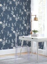 Imperial Blossoms Branch Navy Prepasted Wallpaper with Botanical Bird and Blossom Motif - York SS2592