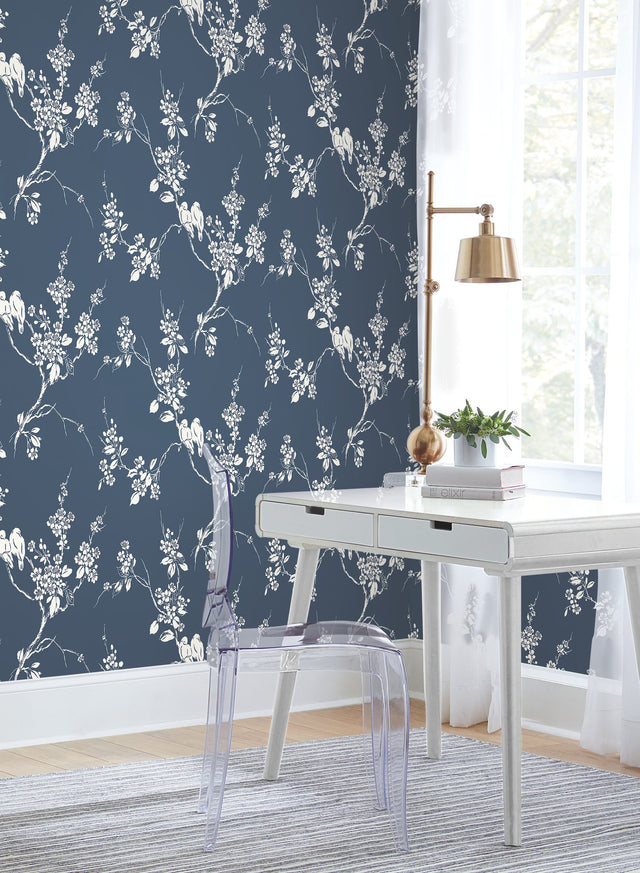 Imperial Blossoms Branch Navy Prepasted Wallpaper with Botanical Bird and Blossom Motif - York SS2592