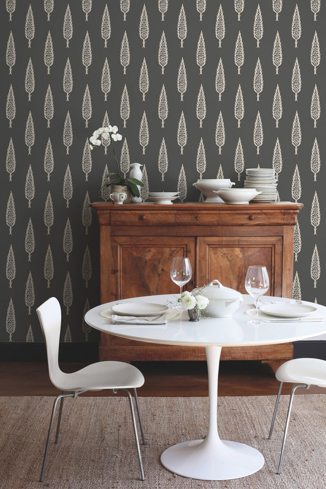 Juniper Tree Black & Taupe Wallpaper with Botanical Modern Tree Motif - York SS2607