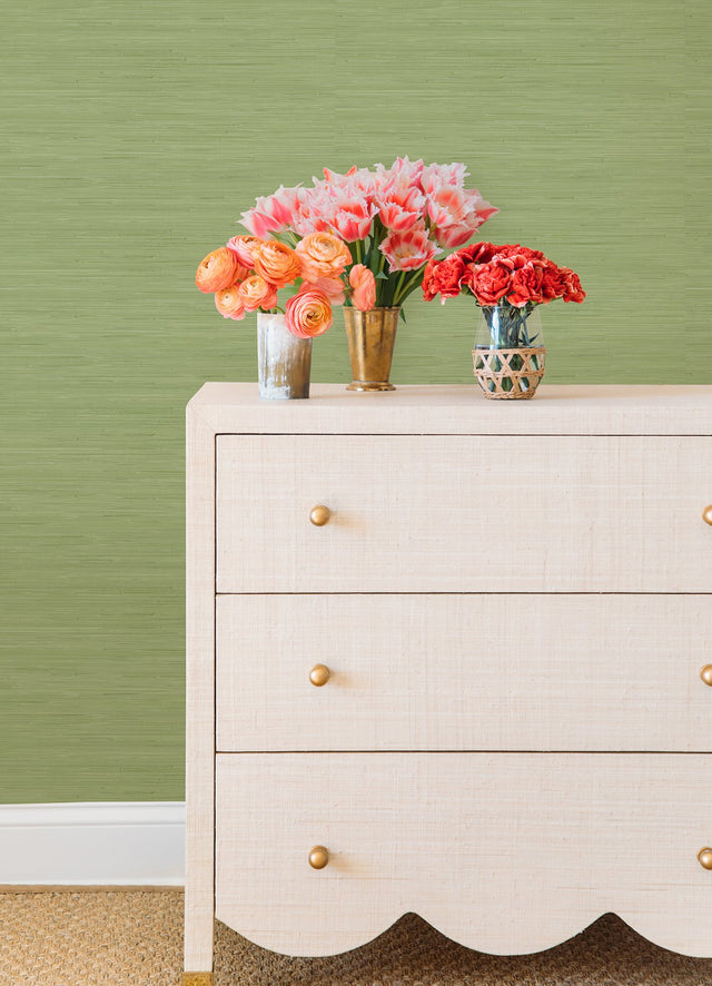Classic Faux Citrus Green Grasscloth Peel & Stick Wallpaper with Textured Faux Grasscloth Pattern - SSS4569