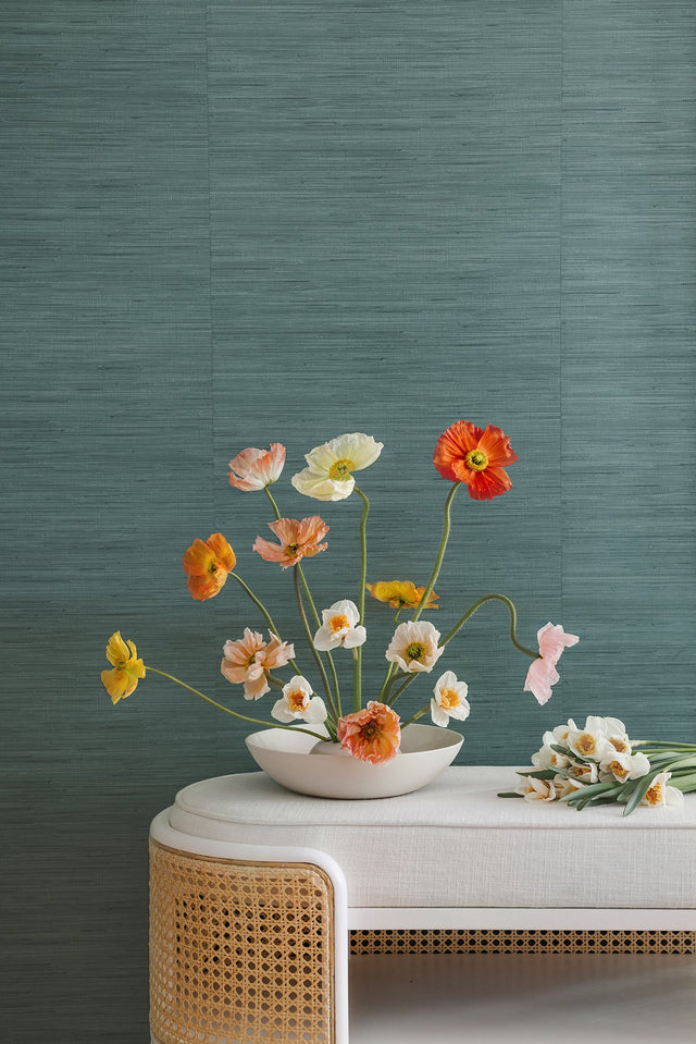 Classic Faux Peacock Grasscloth Teal Textured Peel & Stick Wallpaper - SSS6008