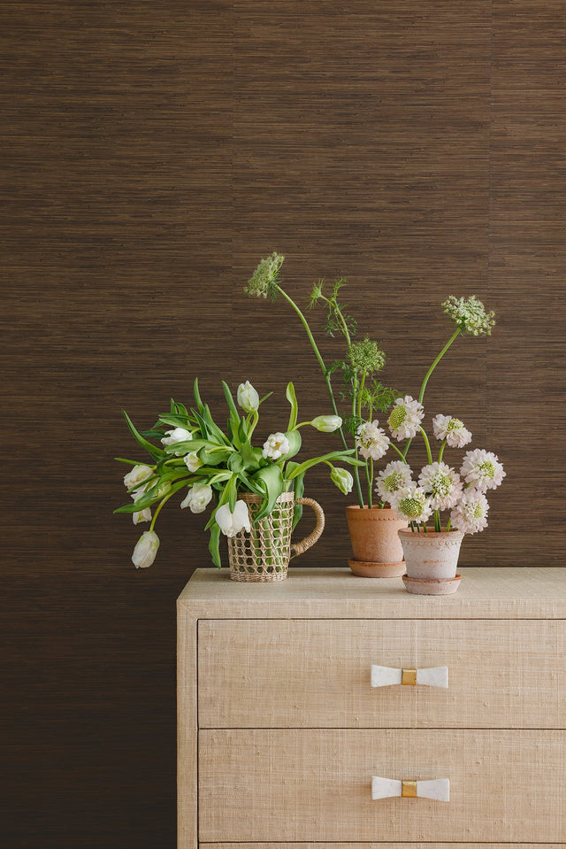Classic Faux Chocolate Grasscloth Peel & Stick Wallpaper, Textured Faux Grasscloth Modern Graphic - SSS6010