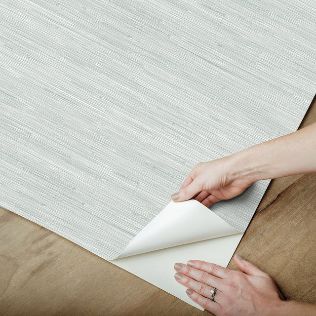 Classic Faux Whisper Blue Grasscloth Peel & Stick Wallpaper with Textured Faux Grasscloth Pattern - Brewster SSS6012