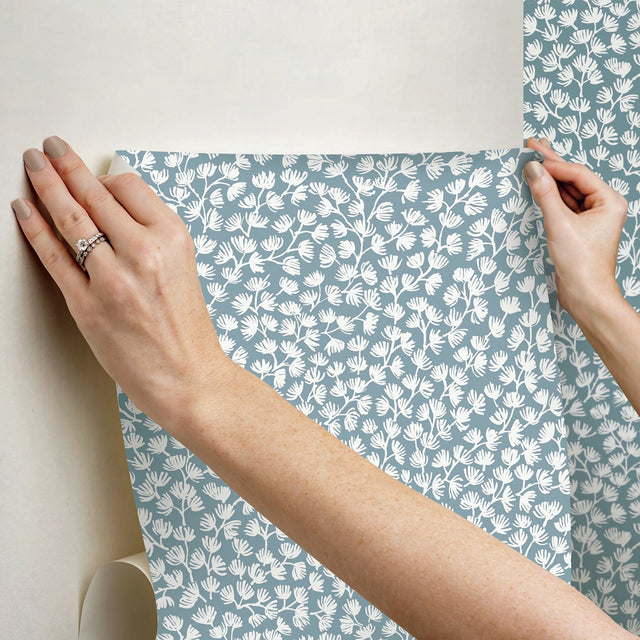 Sea Fern Slate Blue Peel & Stick Wallpaper with Botanical Leaf Motif, Coastal Style - NuWallpaper SSS6305